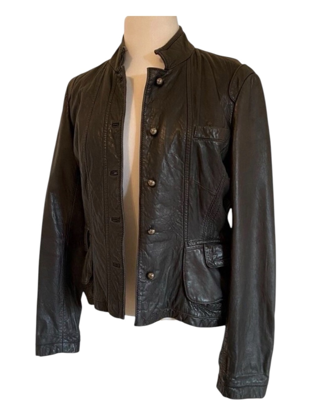 Danier black genuine textured leather fitted jacket soft button up pockets small